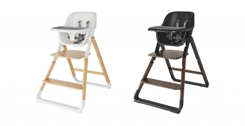 chaise haute évolutive en blanc et bois clair et en noir et bois foncé permets l'introduction à l'alimentation complémentaire